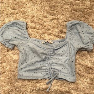 Women's Blue Eyelet Puff Sleeve Crop Top